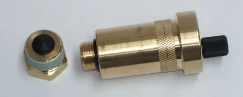 Automatischer Entlüfter von Daikin, Metallkörper mit Gewinde, versehen mit einem schwarzen Drehknopf und einer abnehmbaren Entlüftungseinheit auf der linken Seite.